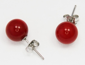 Boucles d`Oreilles Corail Poli Rouge 8-9mm Clous Argent 925