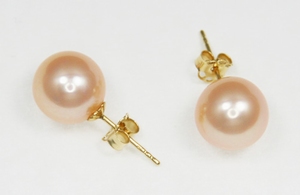Boucles d`Oreilles Perles de Culture 9mm Rose AAA Or 18ct