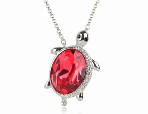 Collier Pendentif Tortue Cristaux SWAROVSKI Rouge, Rhodium